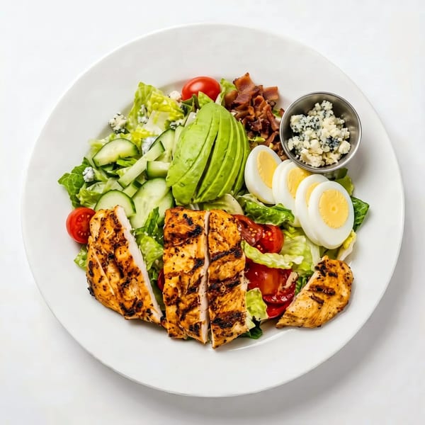 A grilled chicken salad with avocado, bacon, blue cheese, hard-boiled eggs, cucumbers, and tomatoes.