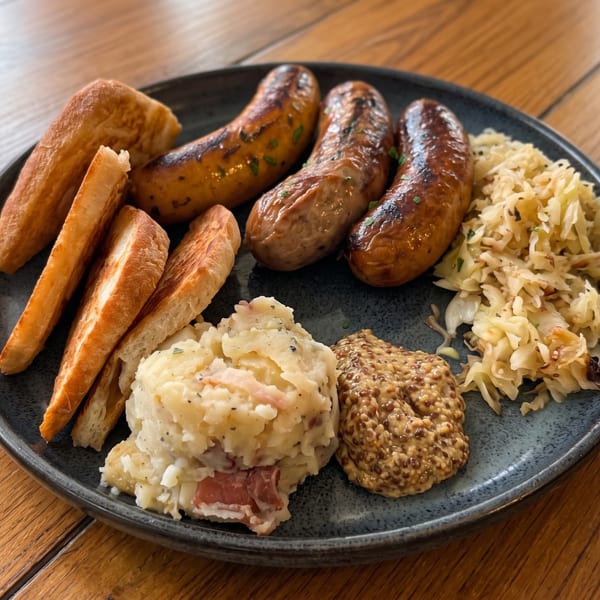 Grilled sausages, bread, mashed potatoes, sauerkraut, and whole grain mustard on a dark plate.