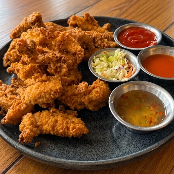Crispy fried chicken tenders with three dipping sauces and coleslaw on a dark plate.