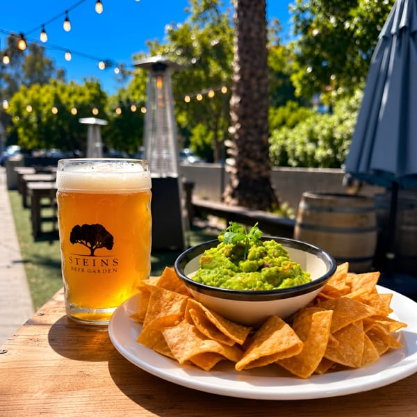 A glass of Steins Beer Garden beer and guacamole with chips on an outdoor patio.