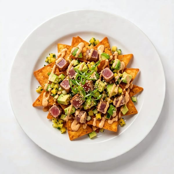 A plate of tuna poke nachos with avocado, mango, cucumber, and a creamy sauce.