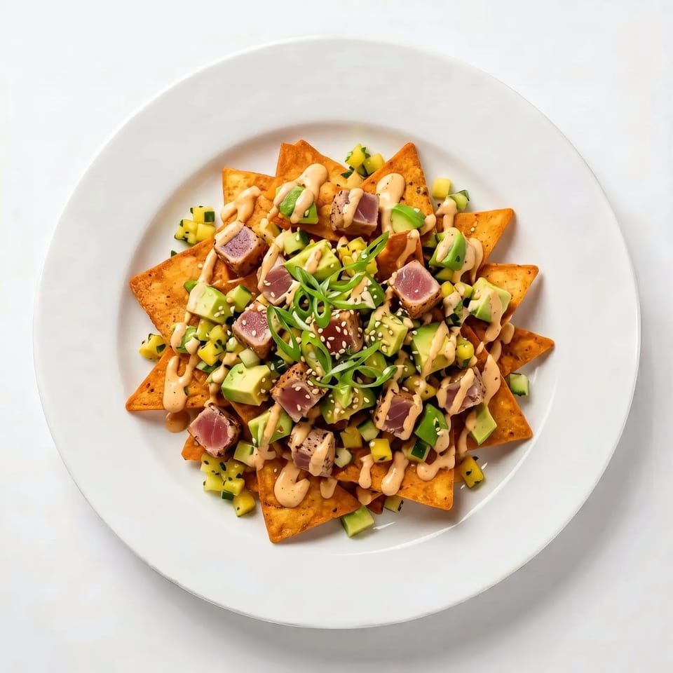A plate of tuna poke nachos with avocado, mango, cucumber, and a creamy sauce.