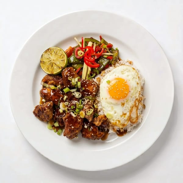 Sweet and sour chicken with rice, fried egg, stir-fried vegetables, and a grilled lime on a white plate.