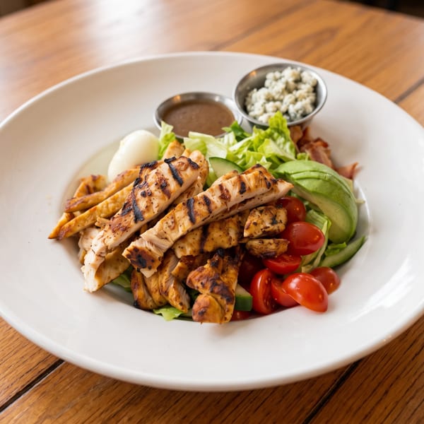 Grilled chicken salad with lettuce, cherry tomatoes, avocado, blue cheese, and dressing.