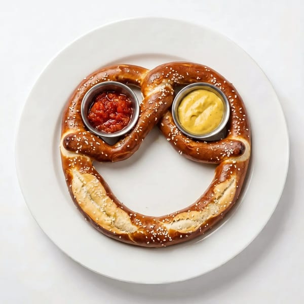 A large, salted pretzel on a white plate, served with two dipping sauces: salsa and mustard.